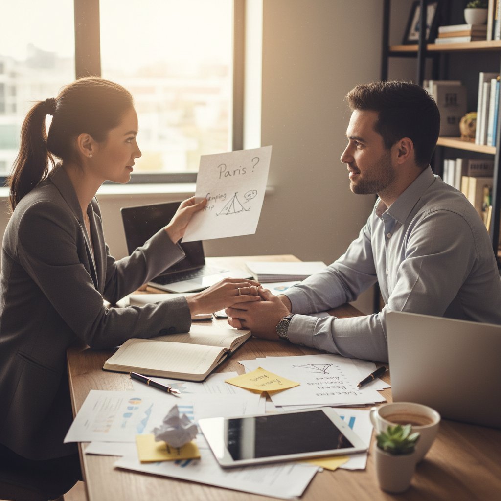 Busy professional couple sharing a loving glance amidst a pile of work documents, busting the time myth