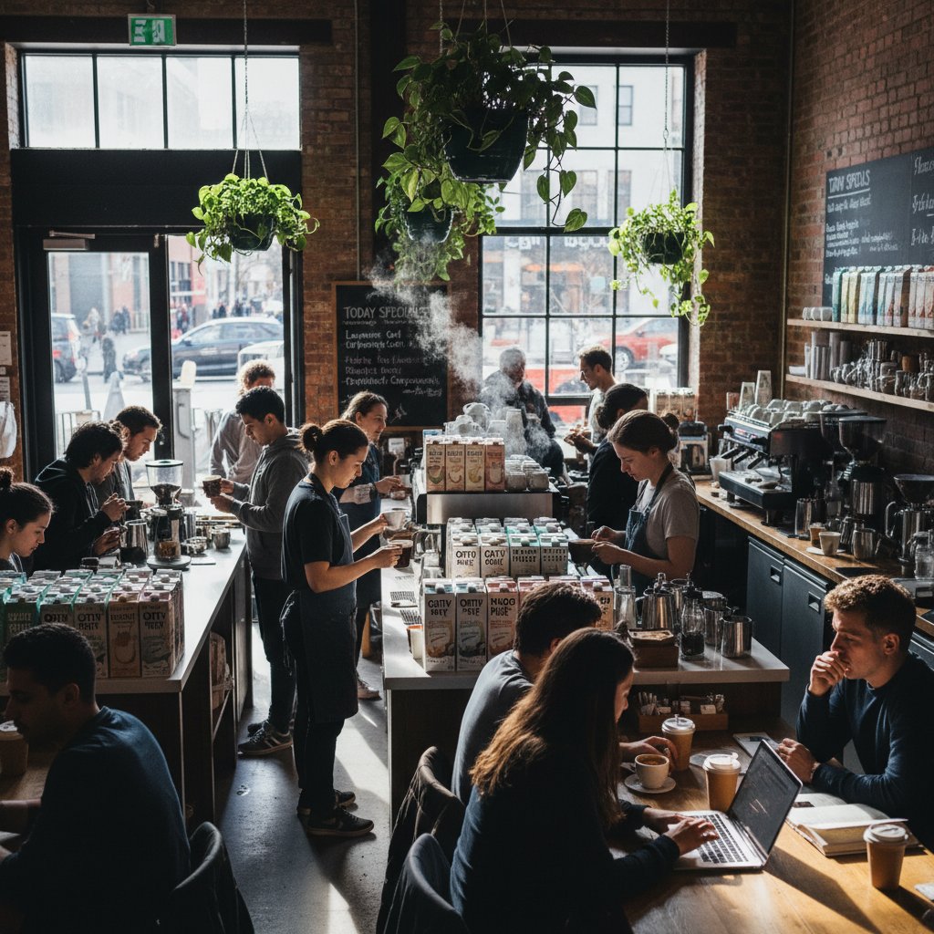 Historia mleka migdałowego w popkulturze i kuchni – zdjęcie kawiarni z wyborem napojów roślinnych