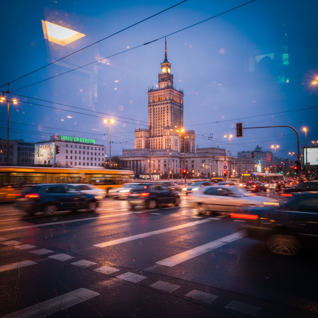 Warszawski ruch uliczny i codzienny stres, dynamiczna scena miejskiej krzątaniny, intensywne kolory, godzinny szczyt