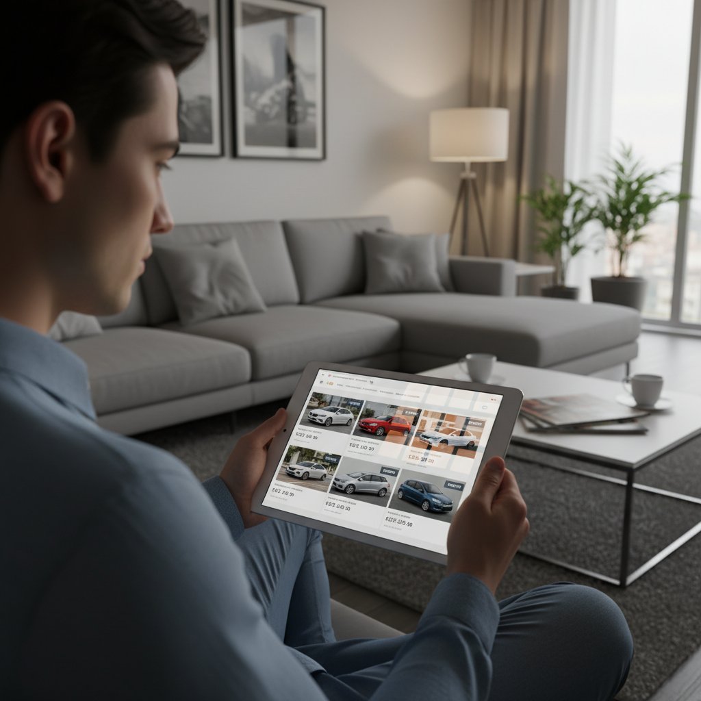 Modern car buyer comparing prices on tablet, focused digital shopping