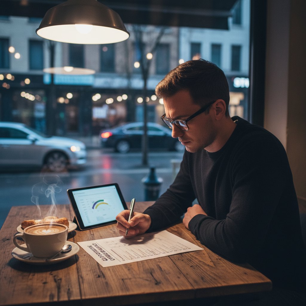 Buyer at coffee shop, reviewing car test drive checklist, thoughtful, urban evening