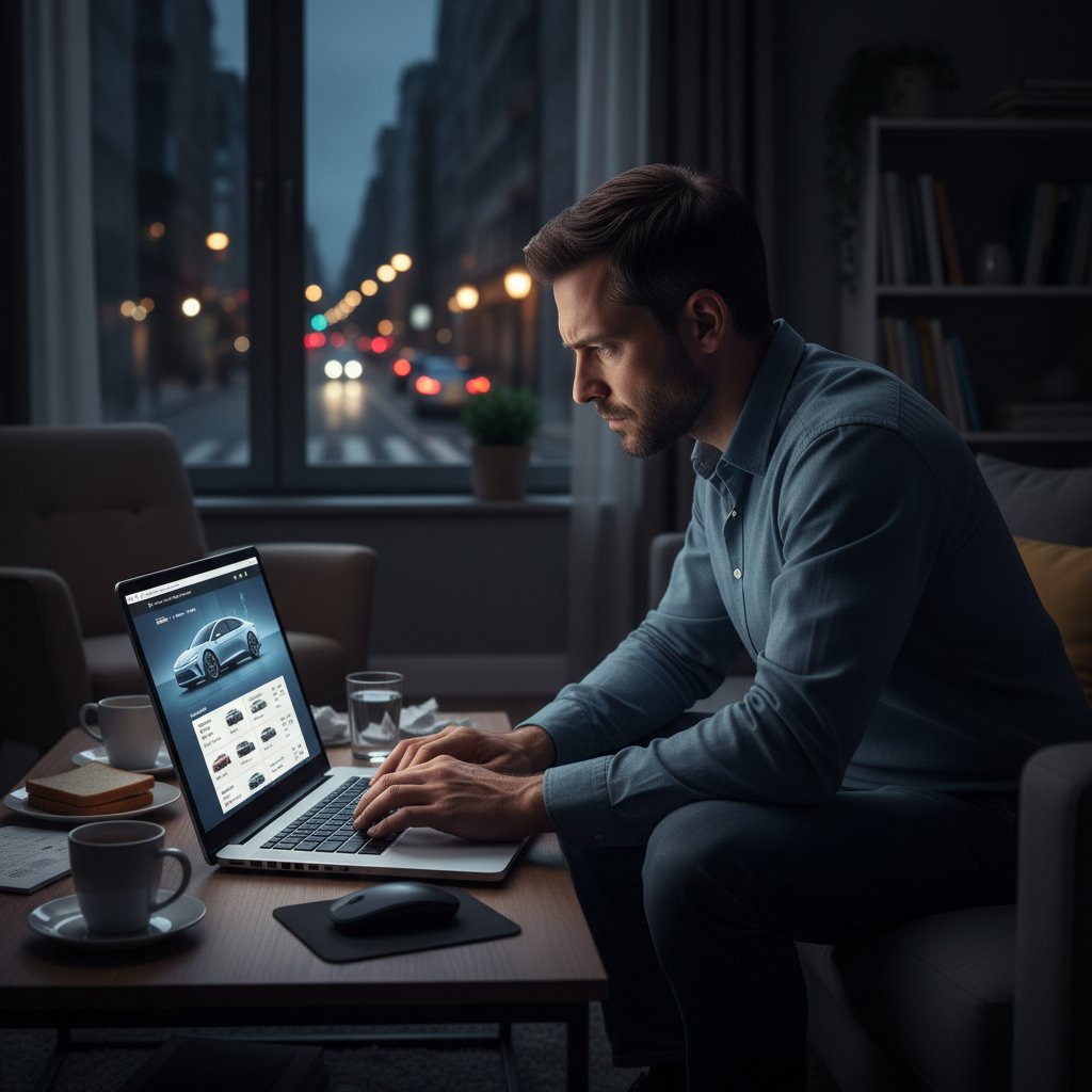 Edgy photo of a car buyer researching late at night at home, laptop screen glowing with automotive content