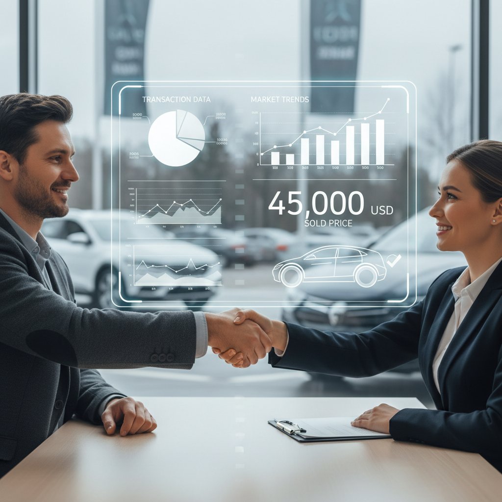 Buyer and seller handshake with data display in background, emphasizing informed car buying decisions