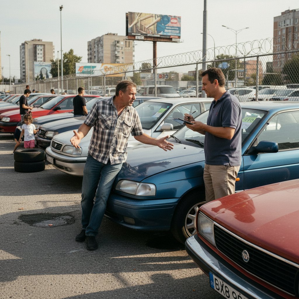 Buyer and seller in negotiation outside urban used car lot.