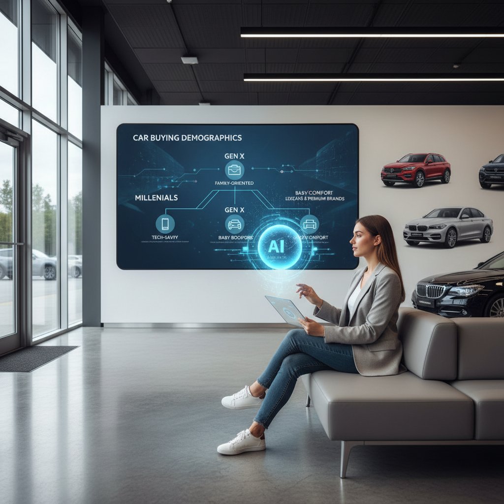 Buyer using AI-powered assistant at dealership, reflecting smart car buying demographics