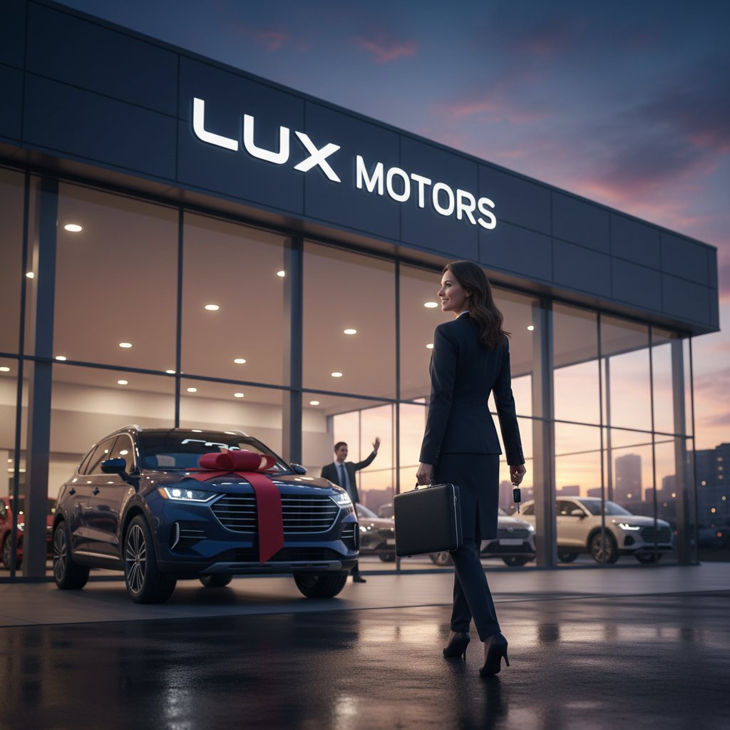 Photo of a buyer walking away from a dealership at dusk, strong sense of relief and empowerment