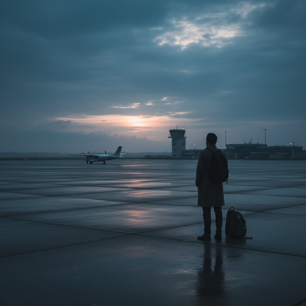 Lotnisko Bydgoszcz Szwederowo o świcie z samotnym podróżnikiem