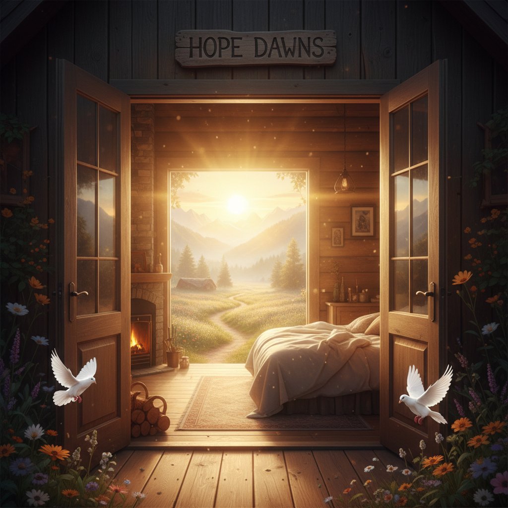 Domek o wschodzie słońca, otwarte drzwi, nadzieja, nowy początek