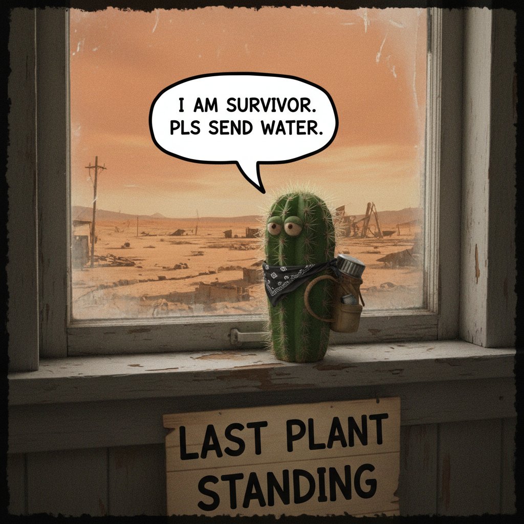 Humorystyczna scena: kaktus na parapecie z podpisem „przeżył trzech właścicieli”