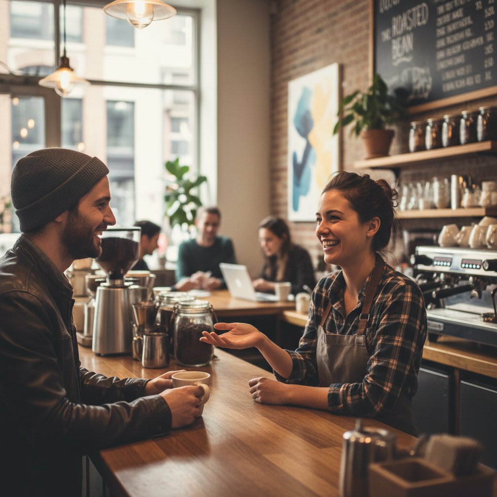 Osoba rozmawiająca z baristą w kawiarni, lekki uśmiech, klimat przyjaznej rozmowy