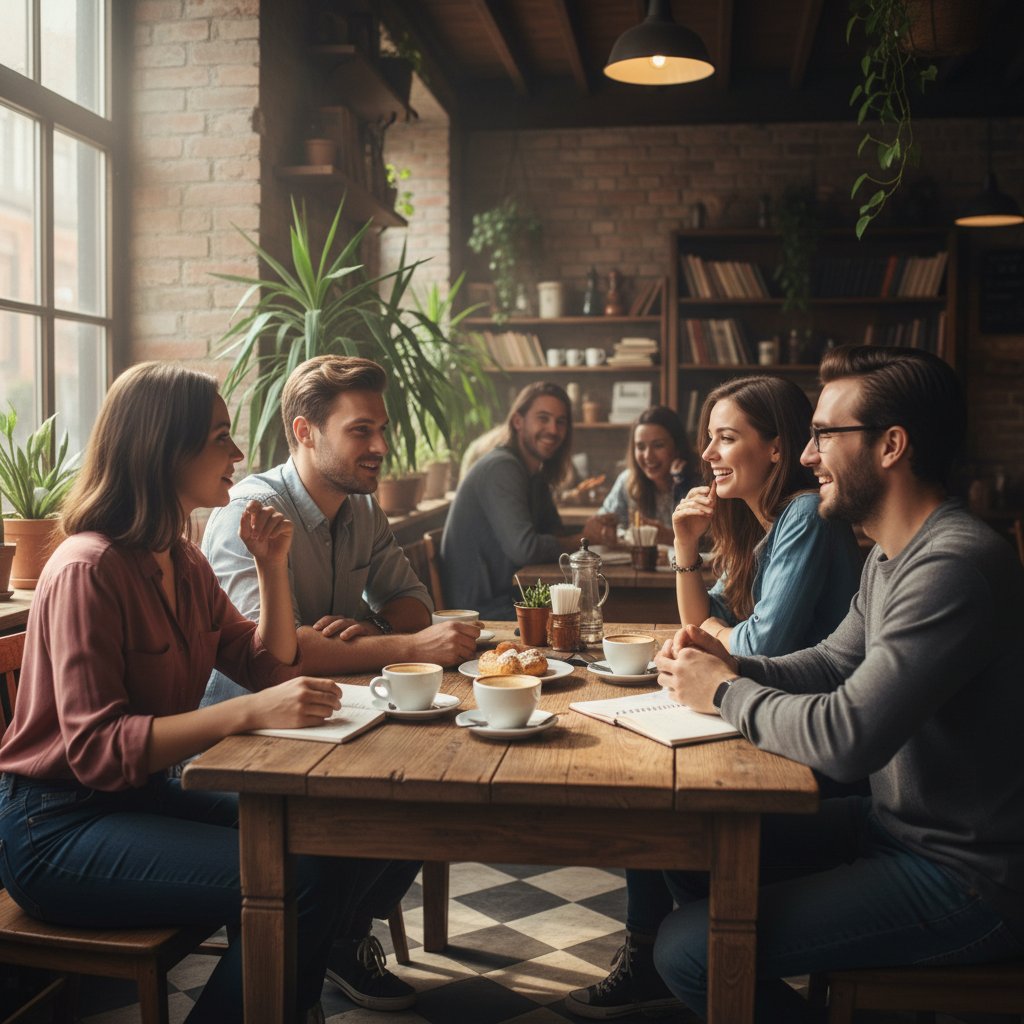 Grupa osób w kawiarni, kontakt wzrokowy podczas rozmowy, wyraźna atmosfera relacji