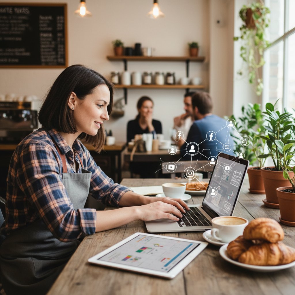 Kawiarnia, właścicielka korzystająca z laptopa i narzędzia do automatyzacji social media