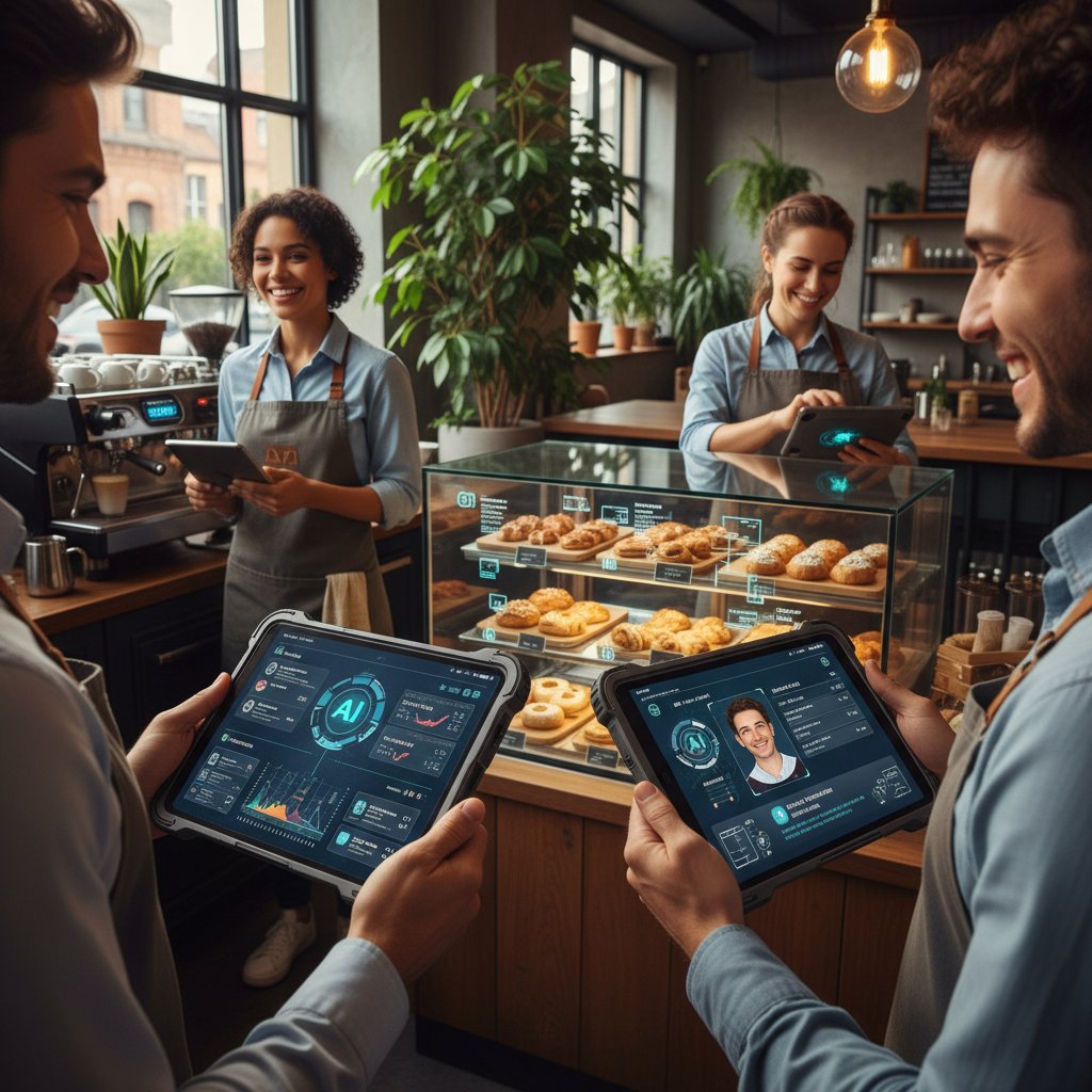 Pracownicy kawiarni rozmawiający z AI na tablecie – przykład praktycznego wdrożenia chatbota
