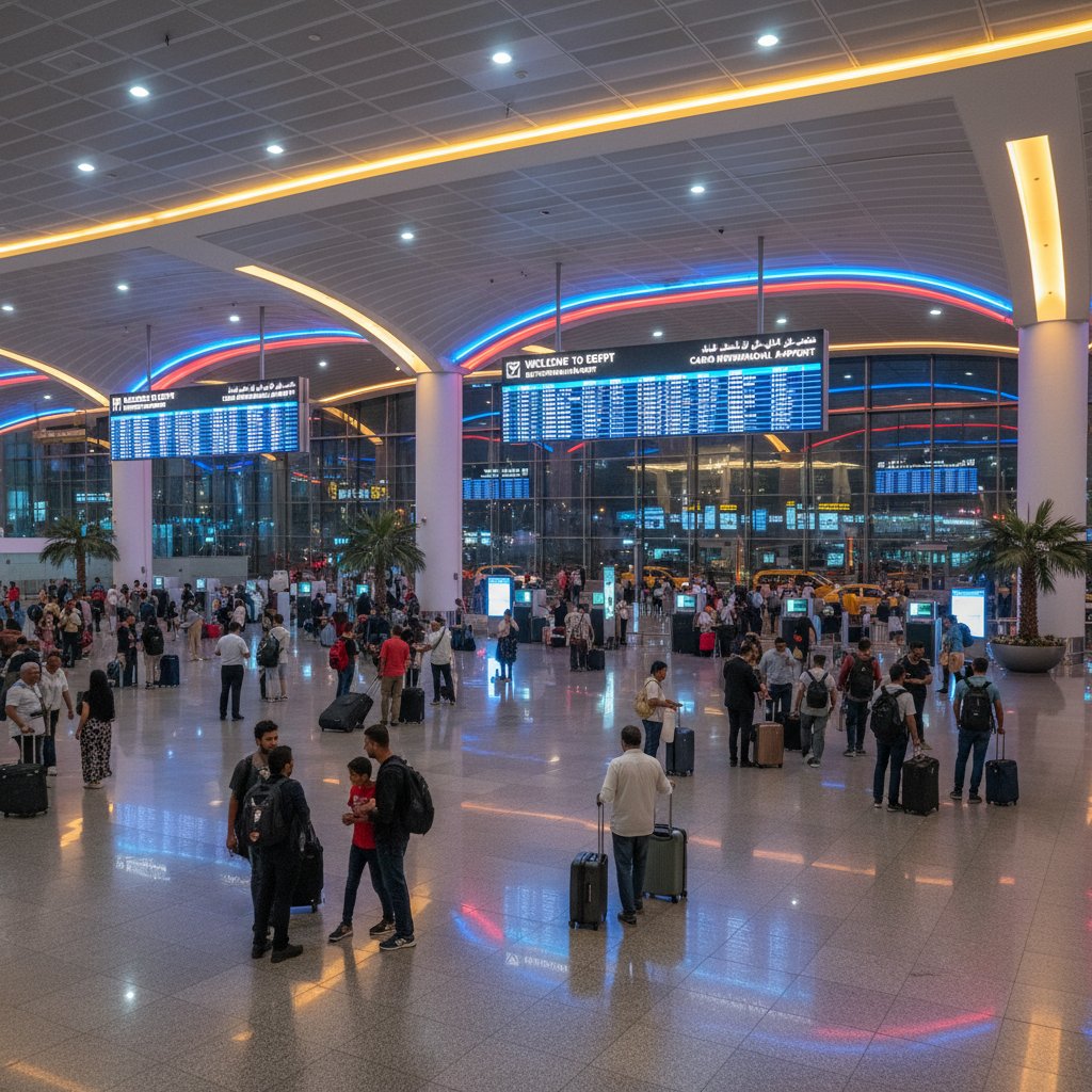 Bustling Cairo International Airport arrivals hall at night with travelers and neon lights