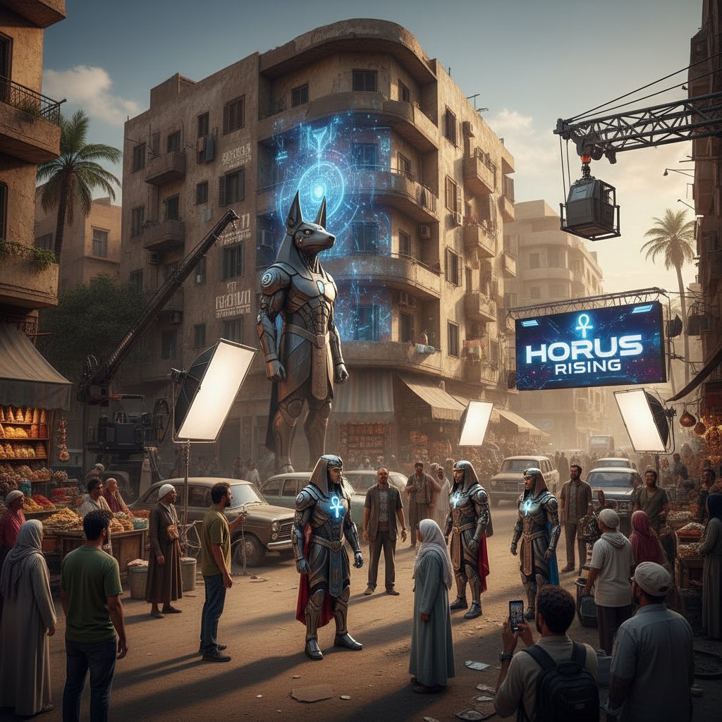 A bustling Cairo street with a film shoot, Egyptian actors in mythological costumes blending tradition with modernity