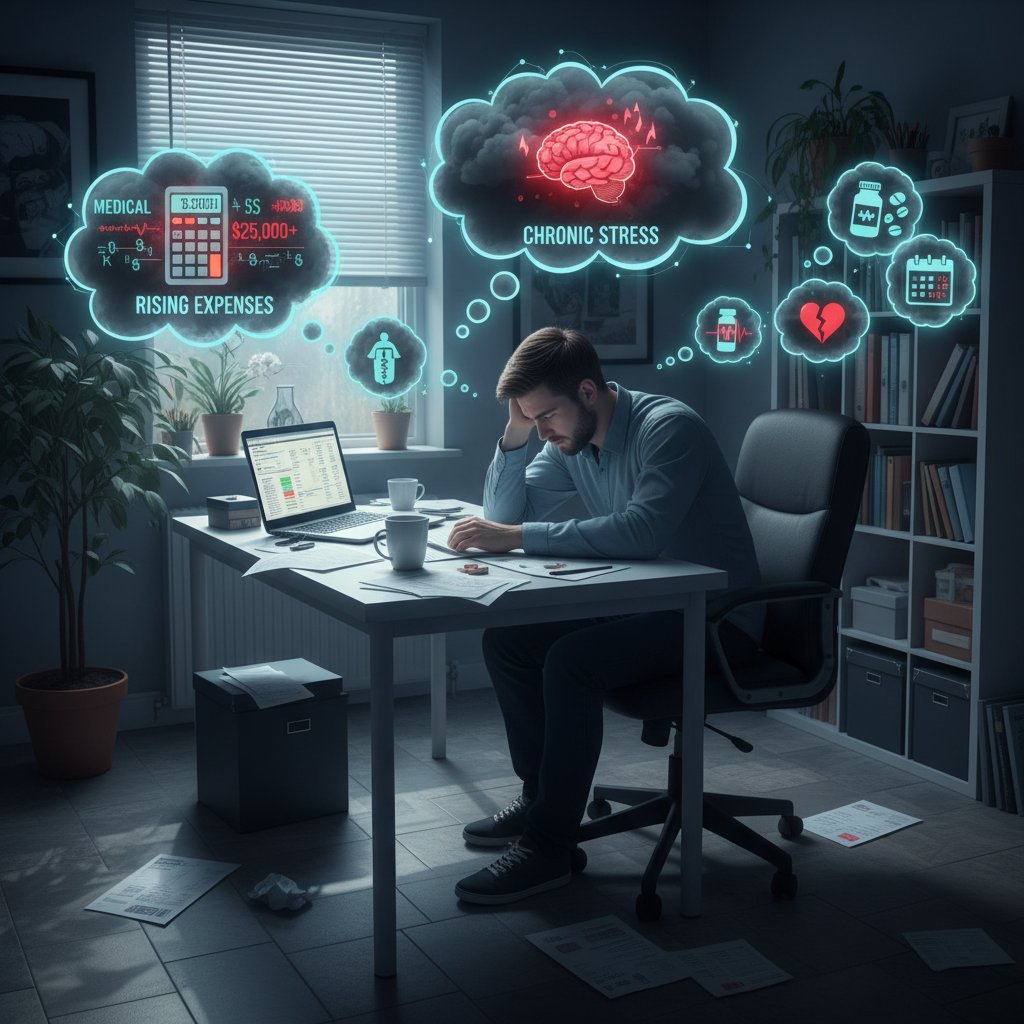 Osoba kalkulująca koszty leczenia na laptopie, rachunki, stres, biuro domowe