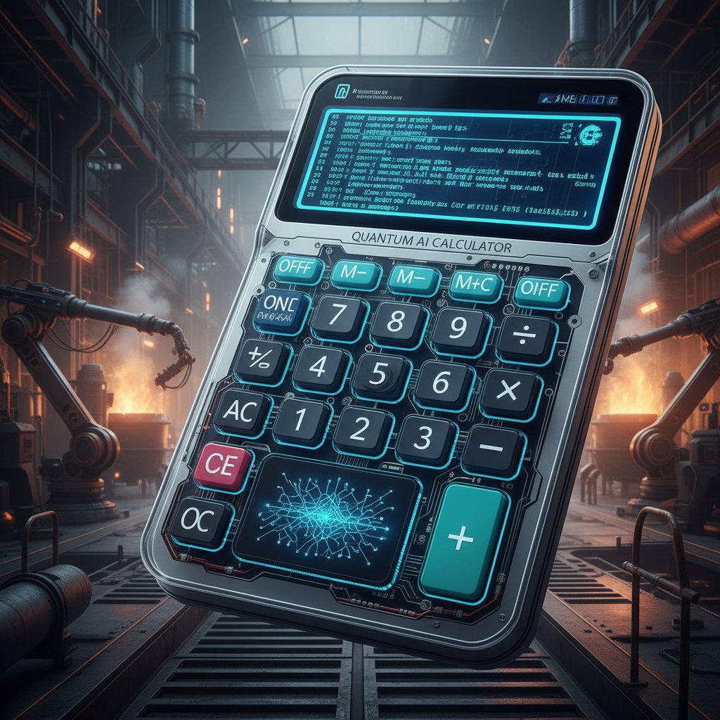 Kalkulator z kodem AI na wyświetlaczu, industrialny klimat, słowa kluczowe: calculator--ai-code--industrial-background