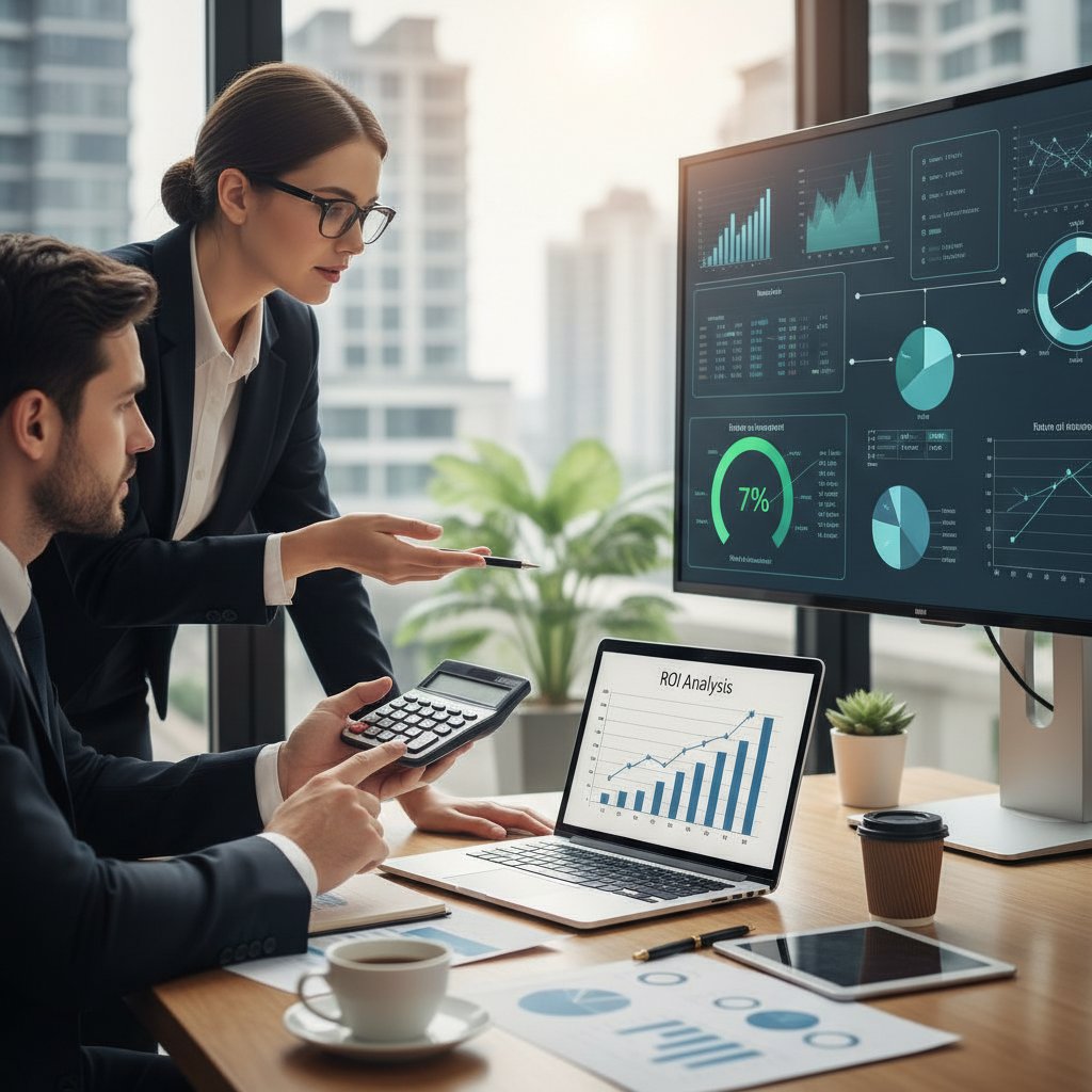 Zbliżenie na kalkulator, wykresy i laptop w biurze – kadra zarządzająca analizuje ROI automatyzacji