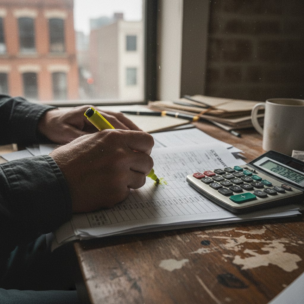 Close-up of a person's hands using a calculator and highlighting total loan cost on car loan documents, gritty realism, real-life desk scene