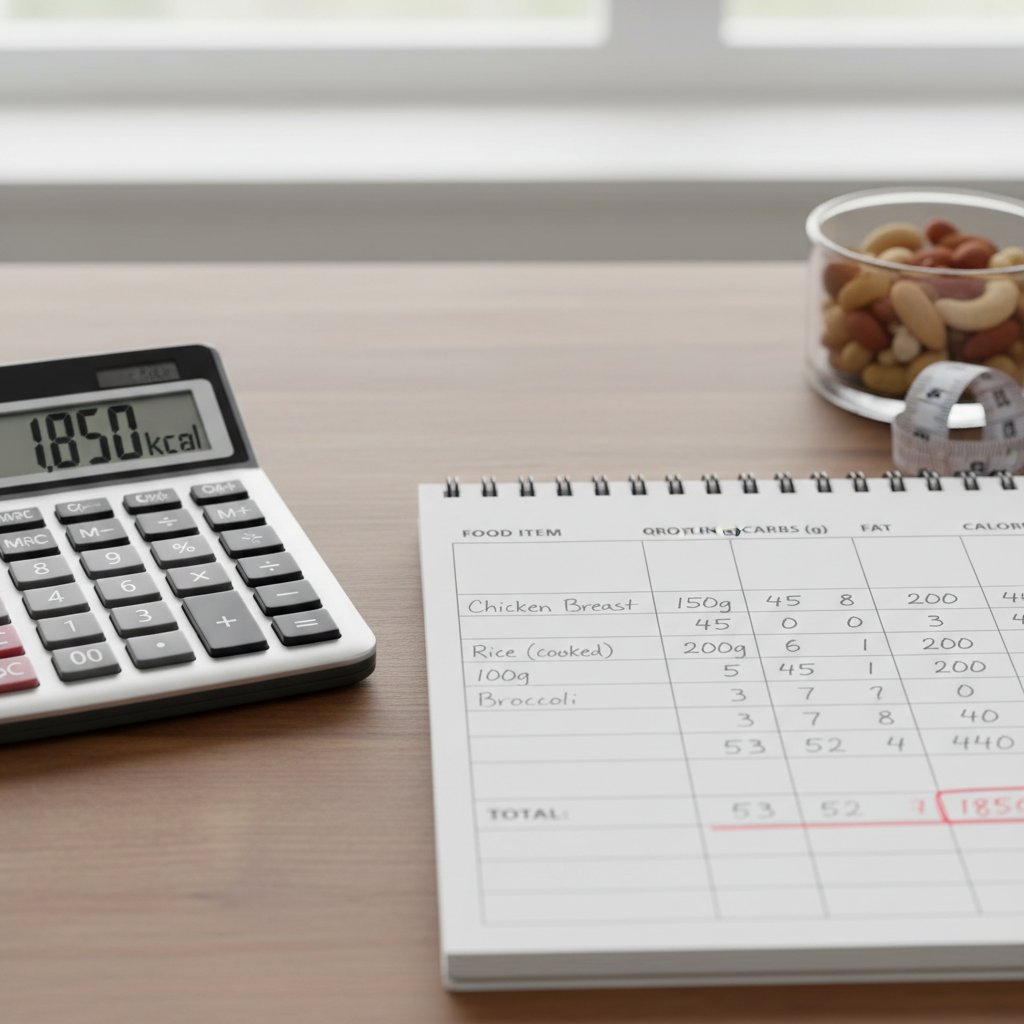 Kalkulator i notatnik do liczenia makr, przykładowy stół kuchenny