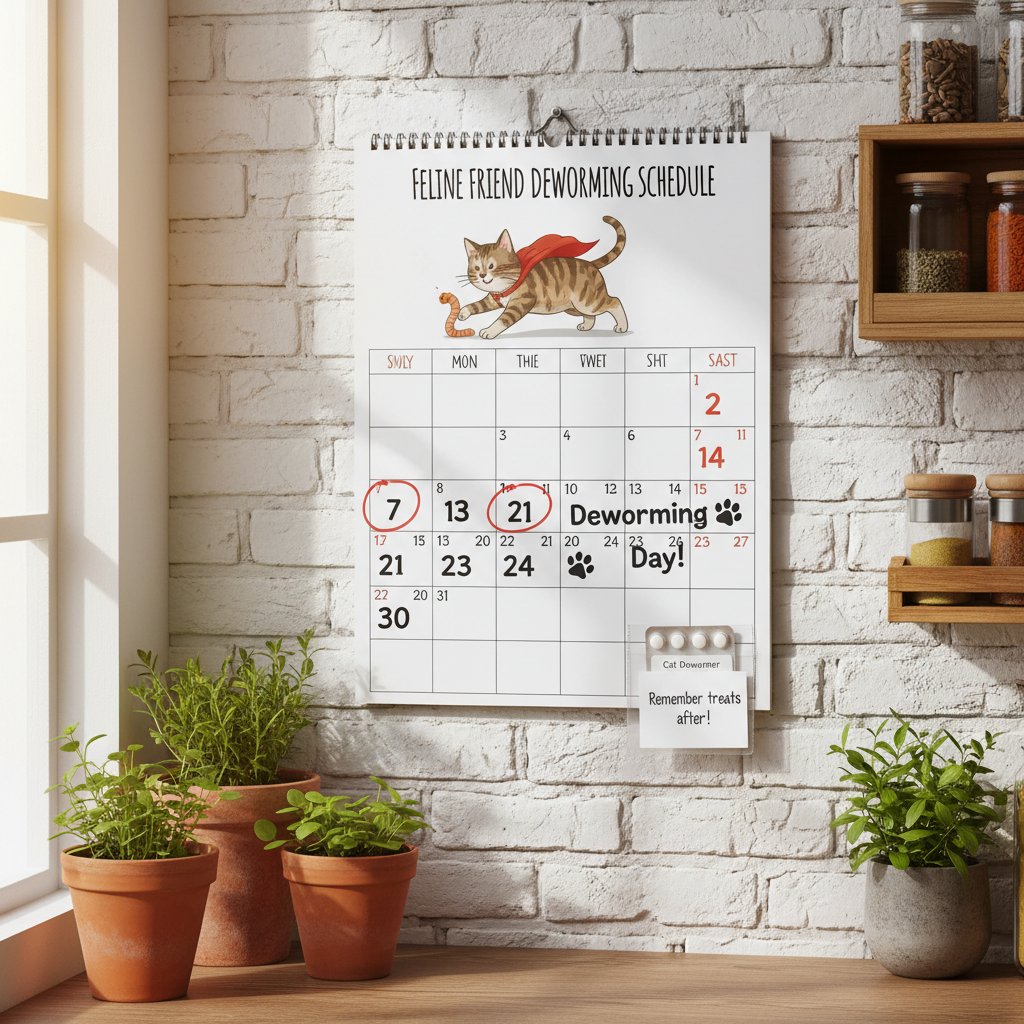 Tabela na ścianie kuchni przedstawiająca harmonogram odrobaczania kota