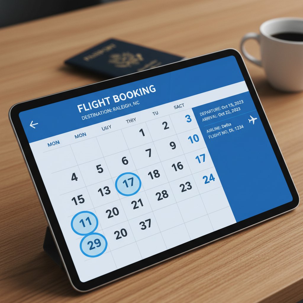 Calendar with highlighted dates for booking flights to Raleigh, illustrating best booking windows.