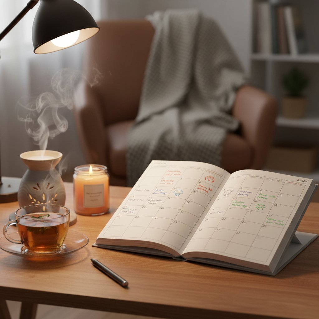 Kalendarz i notes, osoba zapisuje objawy, spokojna atmosfera