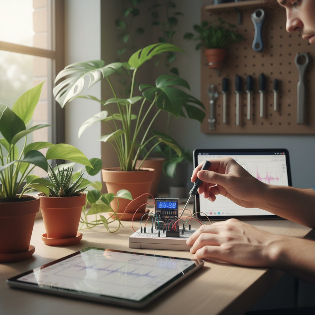 Osoba kalibrująca czujnik światła wśród roślin domowych, zbliżenie na ręce i sensor