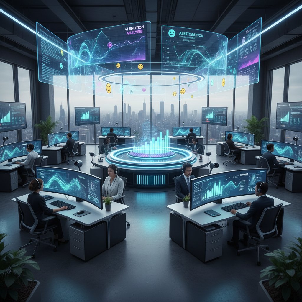 Nowoczesne centrum obsługi klienta z AI analizującą emocje rozmówców