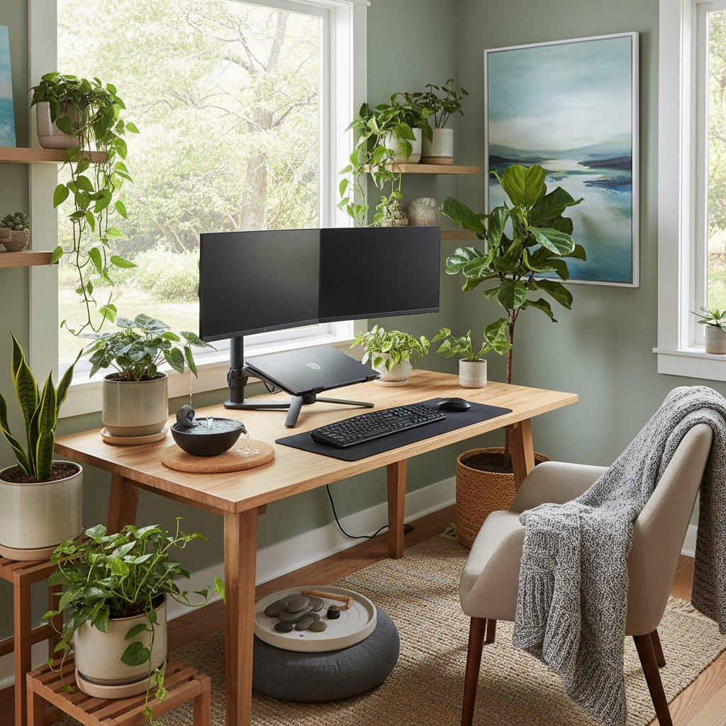 Praca hybrydowa i ćwiczenia mindfulness w domowym biurze z roślinami