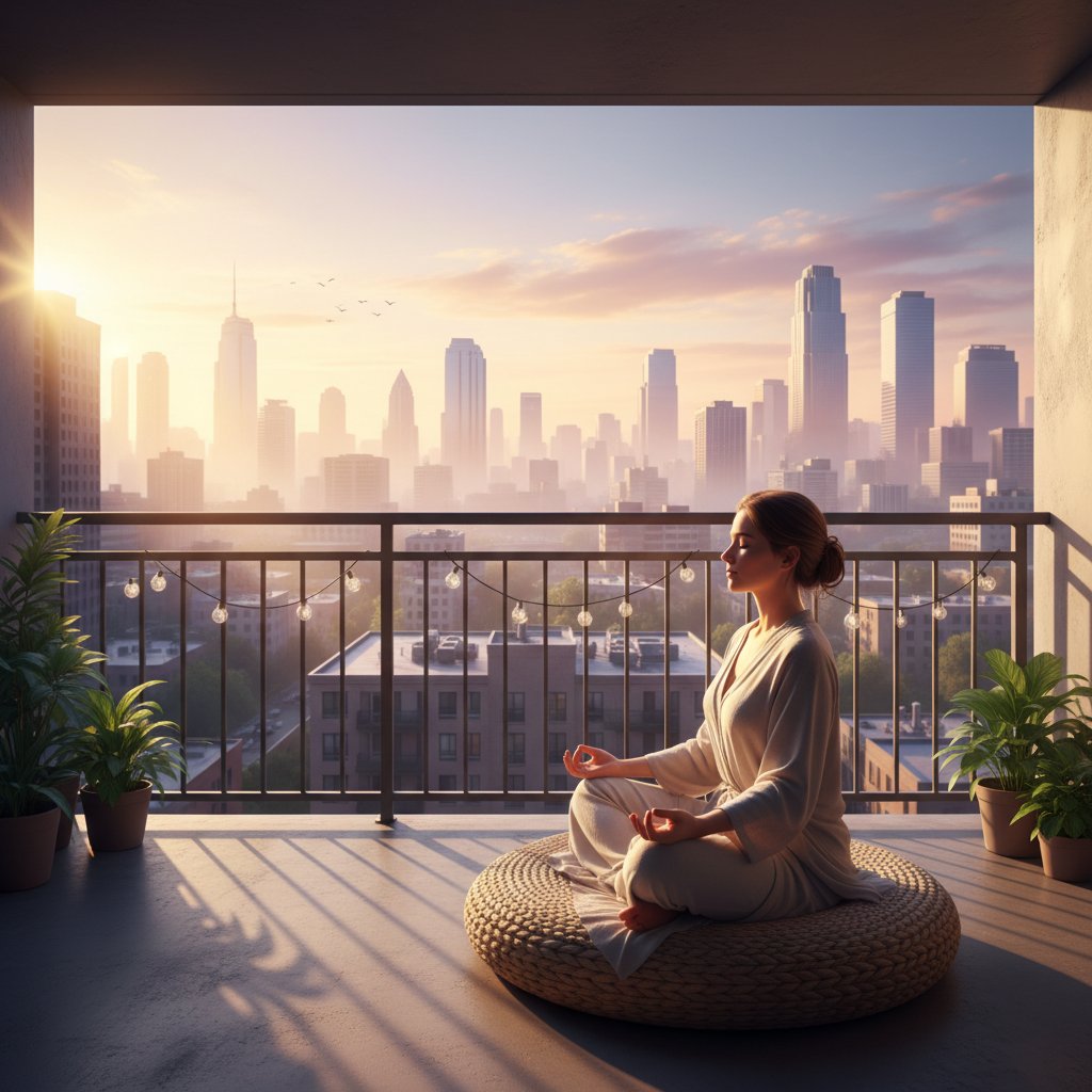 Osoba medytująca o świcie na balkonie – codzienne strategie walki z traumą psychologiczną