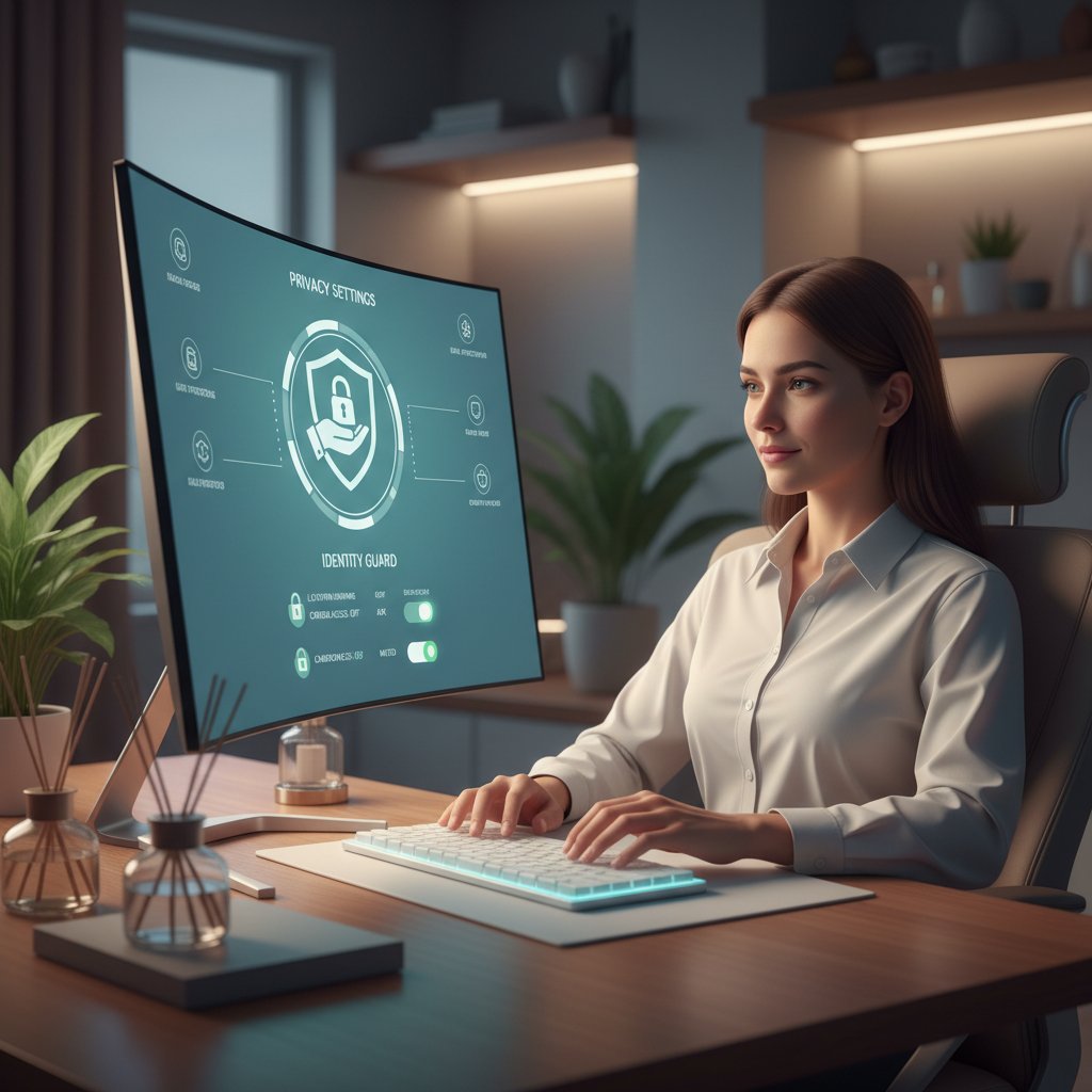 Spokojna osoba przeglądająca komputer, symbol prywatności i kontroli nad danymi online
