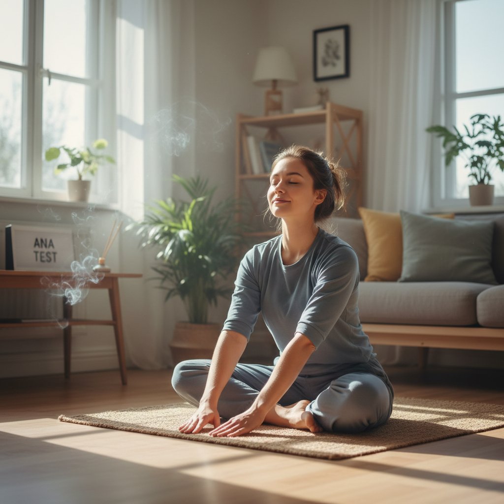 Spokojna osoba ćwicząca jogę w domu po otrzymaniu wyniku ANA, światło dzienne, atmosfera relaksu