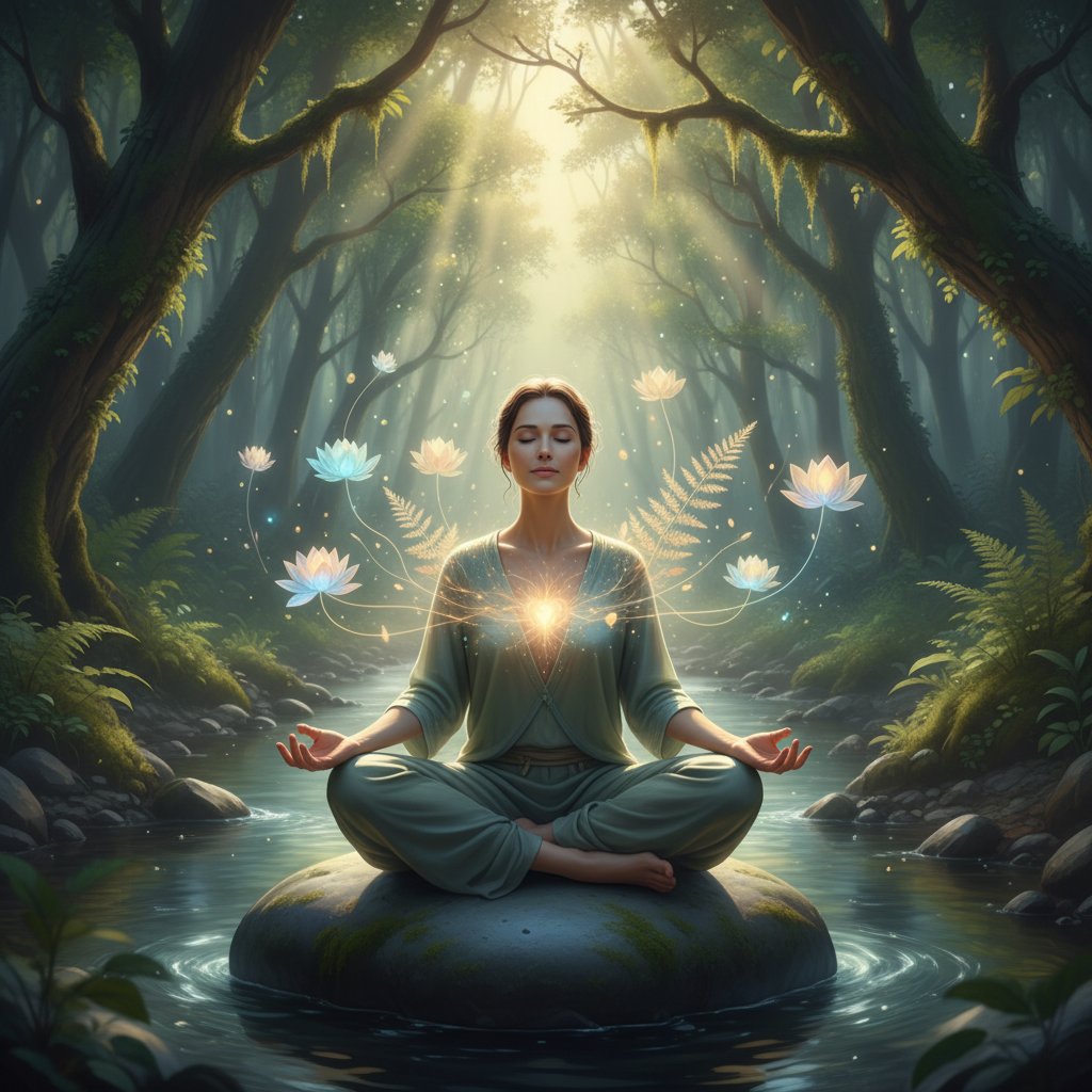 Osoba z zamkniętymi oczami, spokojna twarz, symbol uzdrowienia i odzyskania równowagi emocjonalnej