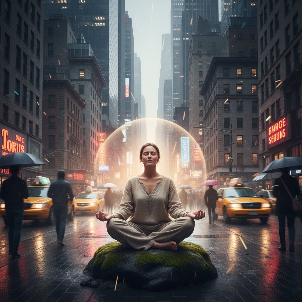 Medytacja wśród zgiełku miasta – uziemienie podczas depersonalizacji, spokojna osoba na tle ruchliwego miasta