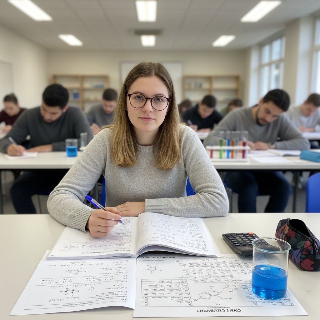 Uczeń spokojny podczas egzaminu z chemii, zrelaksowany wyraz twarzy