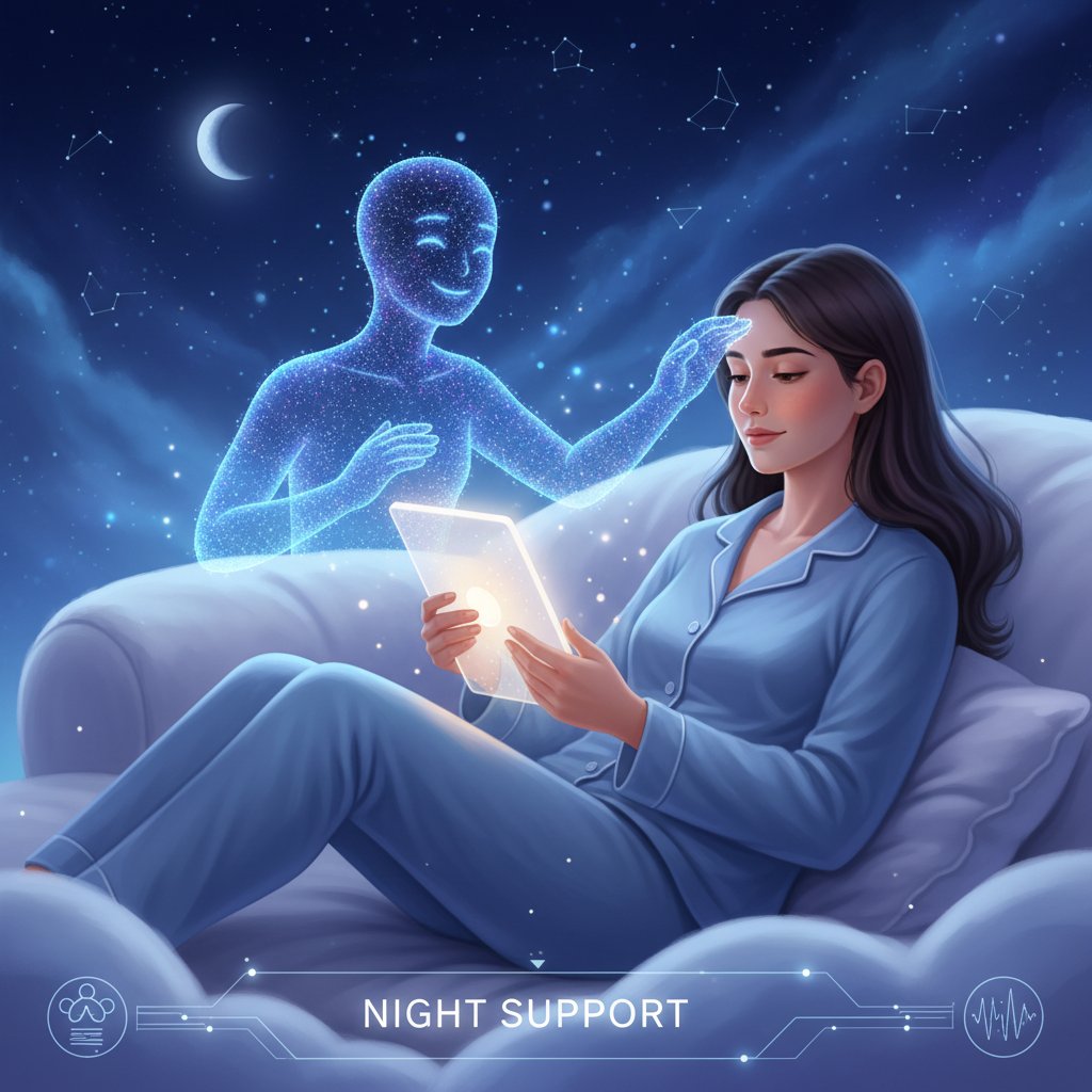 Kameralna scena nocnego wsparcia psychicznego przez AI