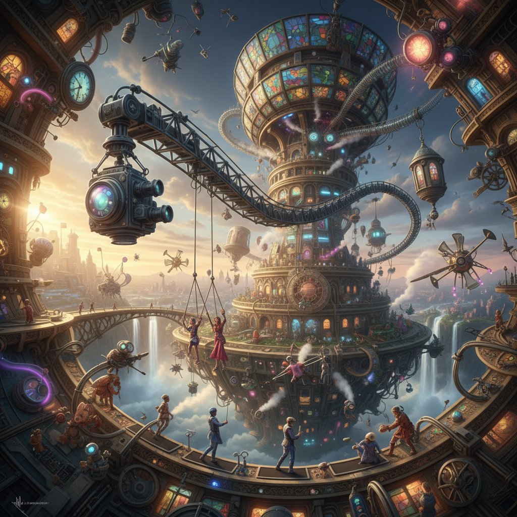 Stylized camera crane on surreal movie set, inventive and kinetic mood