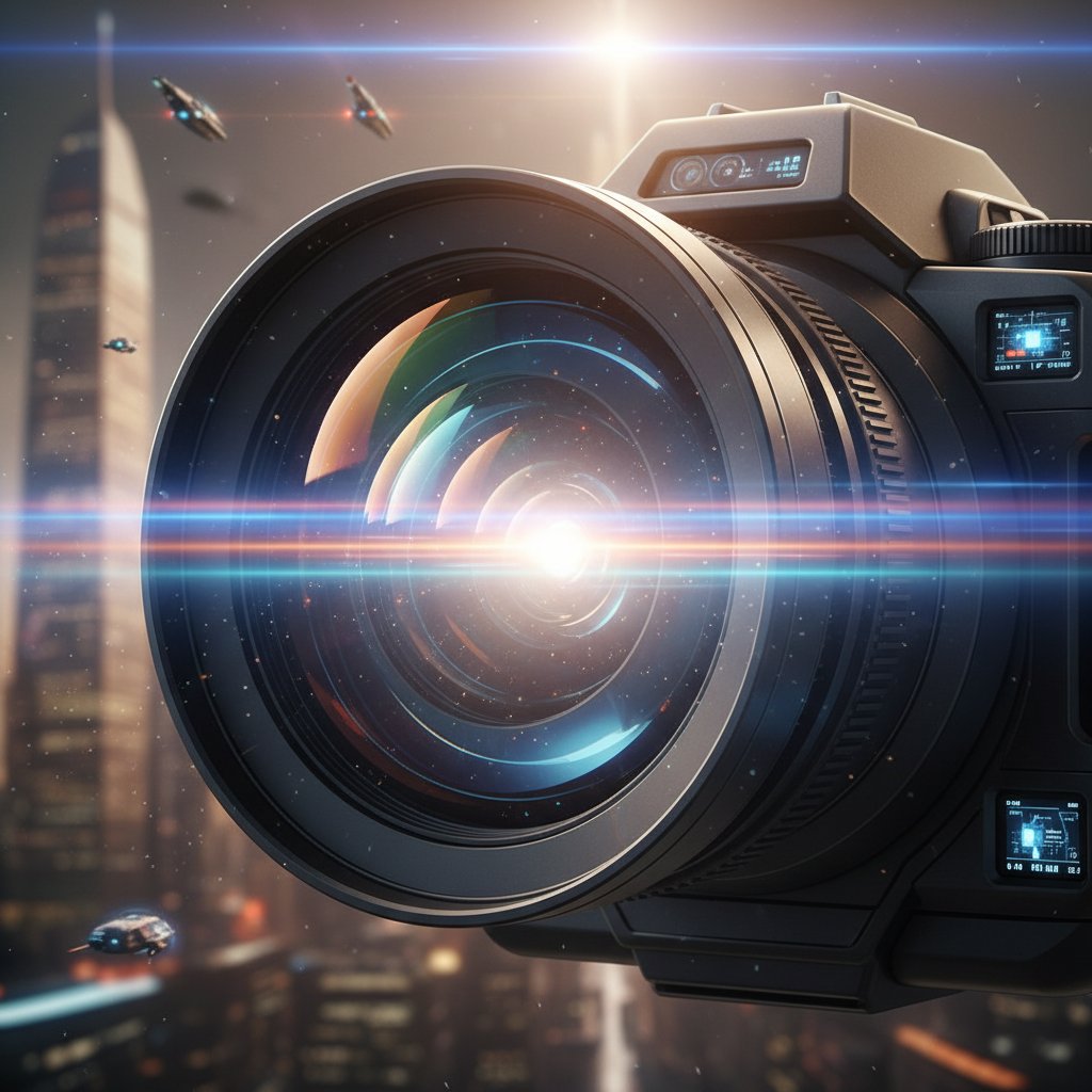 Close-up of a camera lens with dramatic lens flare and sci-fi props in background
