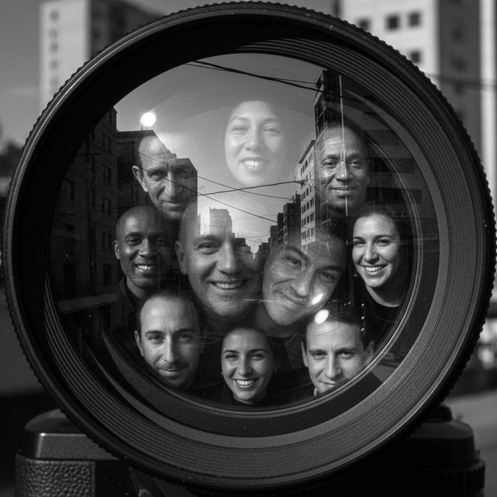 Close-up camera lens reflecting multiple faces with urban background, embodying movie perspective cinema and visual storytelling