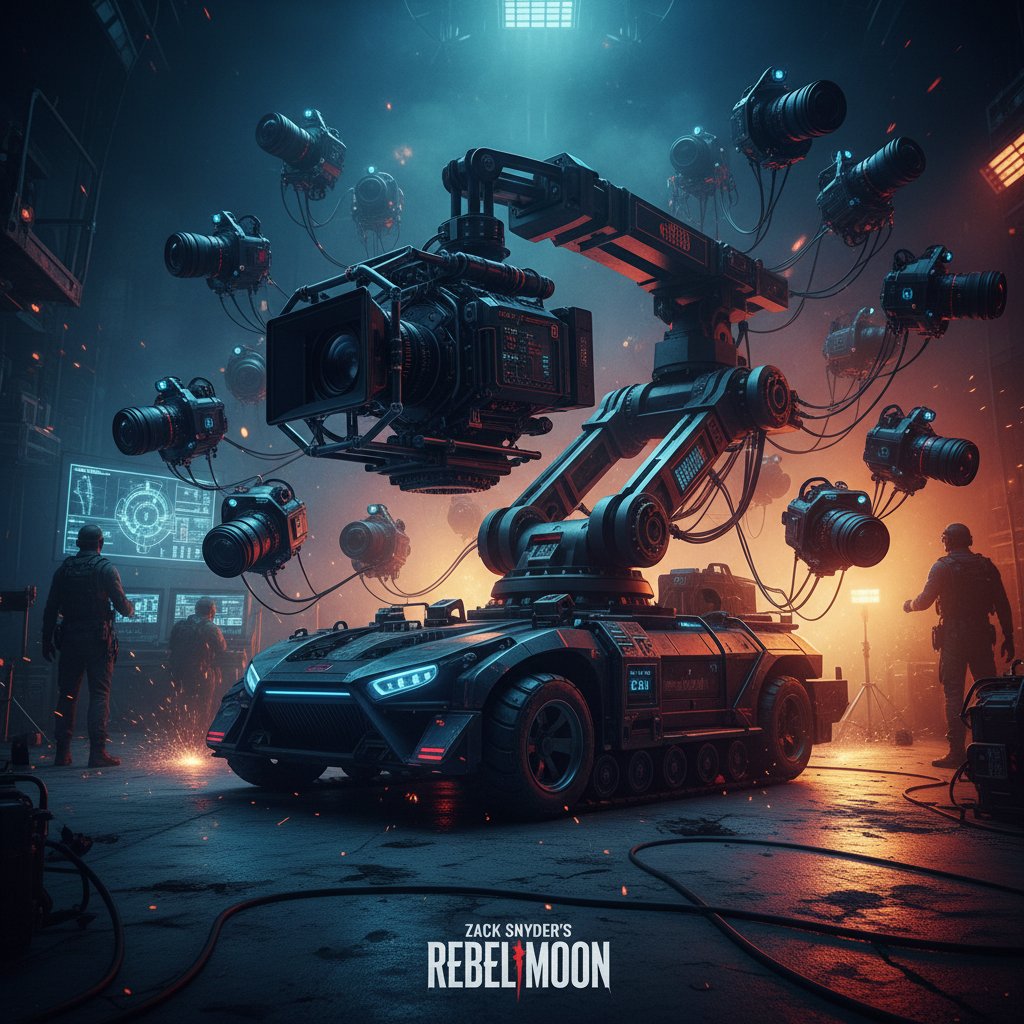 High-end camera rig on set, stylized lighting, innovative film technology being used for Zack Snyder movie