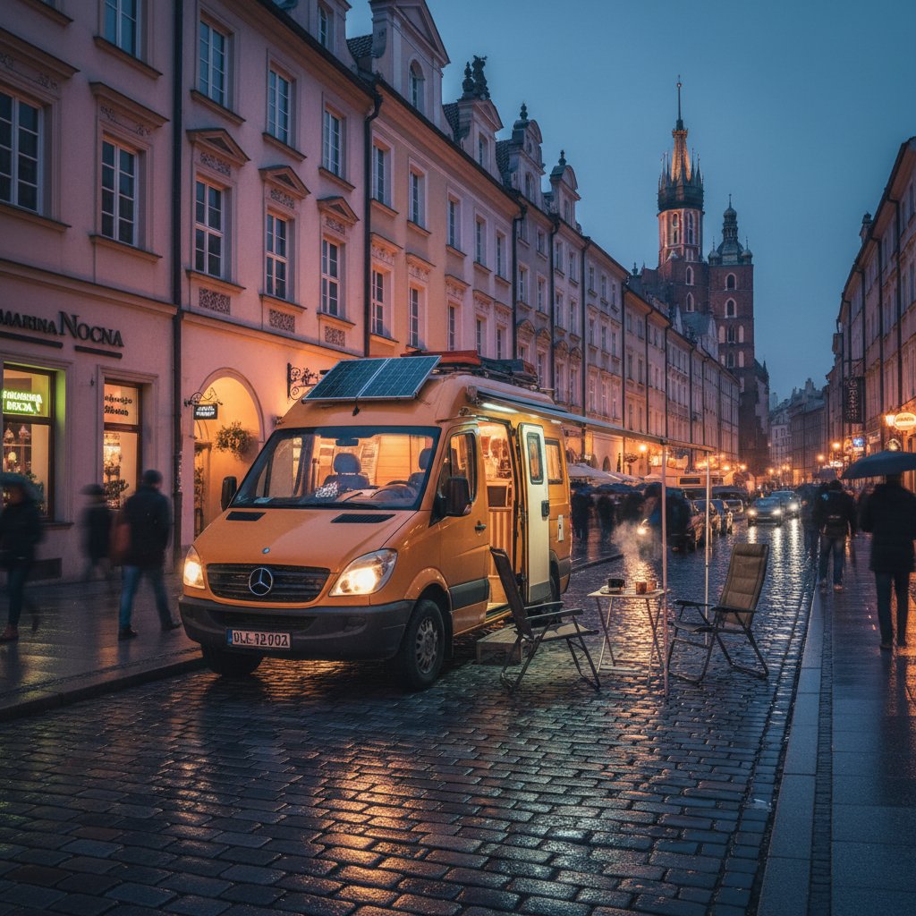 Kamper zaparkowany w centrum polskiego miasta nocą, z widokiem na miejskie światła