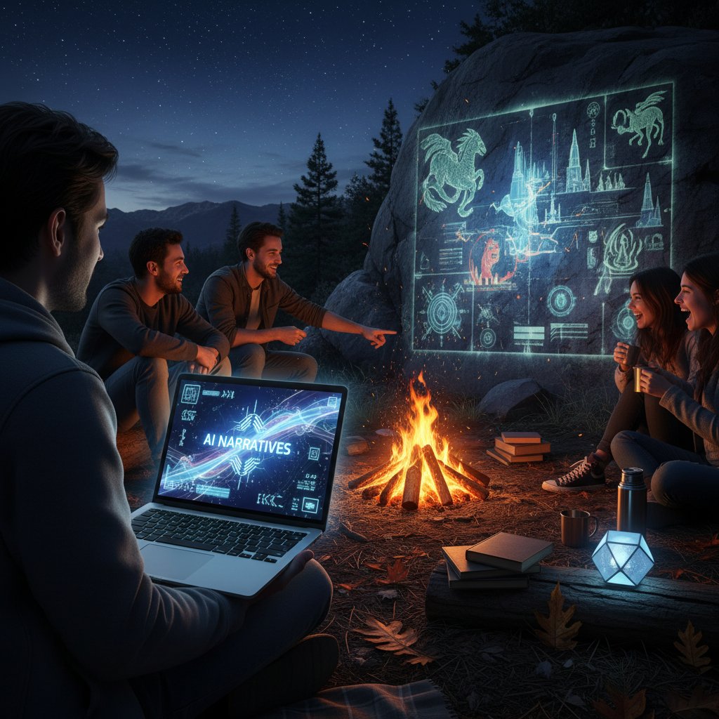 Ognisko, ręce przekazujące historię, w tle laptop z AI