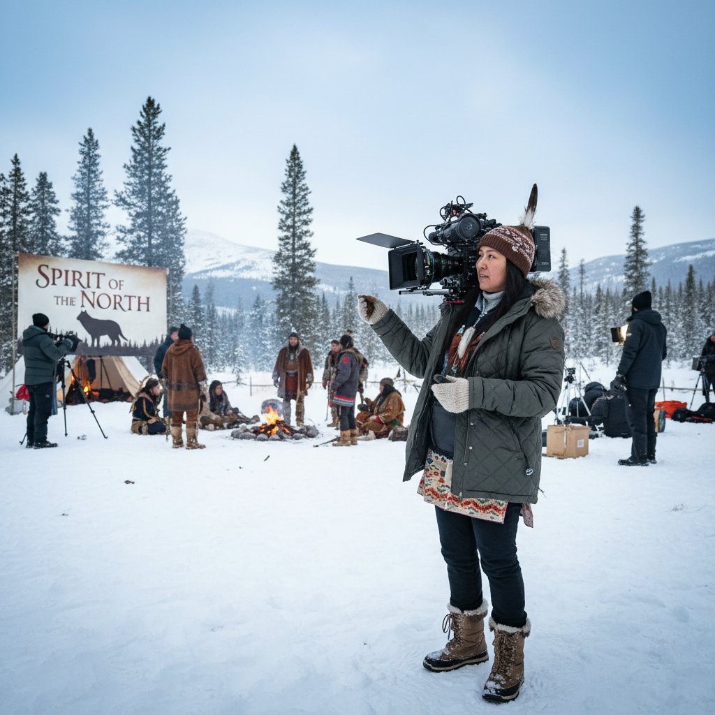 Canadian indigenous director shooting on location, snowy landscape, native american movies international