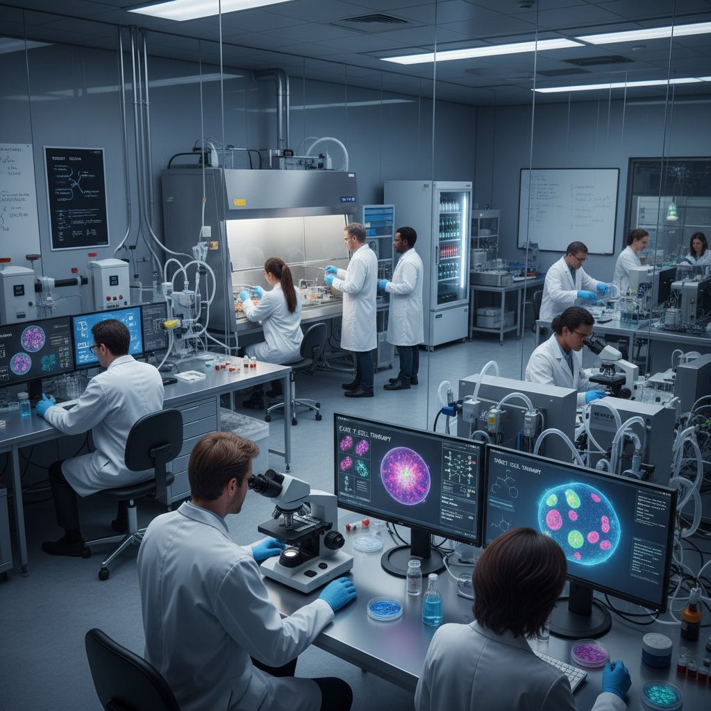 Zdjęcie ilustrujące laboratorium immunoterapii z zespołem naukowców pracujących nad terapią CAR-T; kluczowe słowa: terapia CAR-T, immunoterapia, nowoczesne leczenie nowotworów