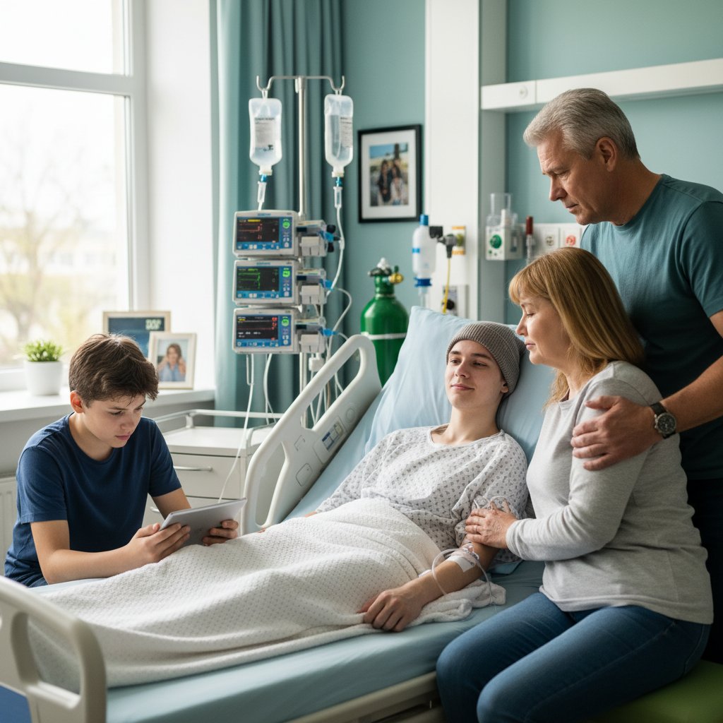 Pacjent onkologiczny z rodziną w sali szpitalnej, atmosfera napięcia i niepewności, nowoczesny sprzęt medyczny