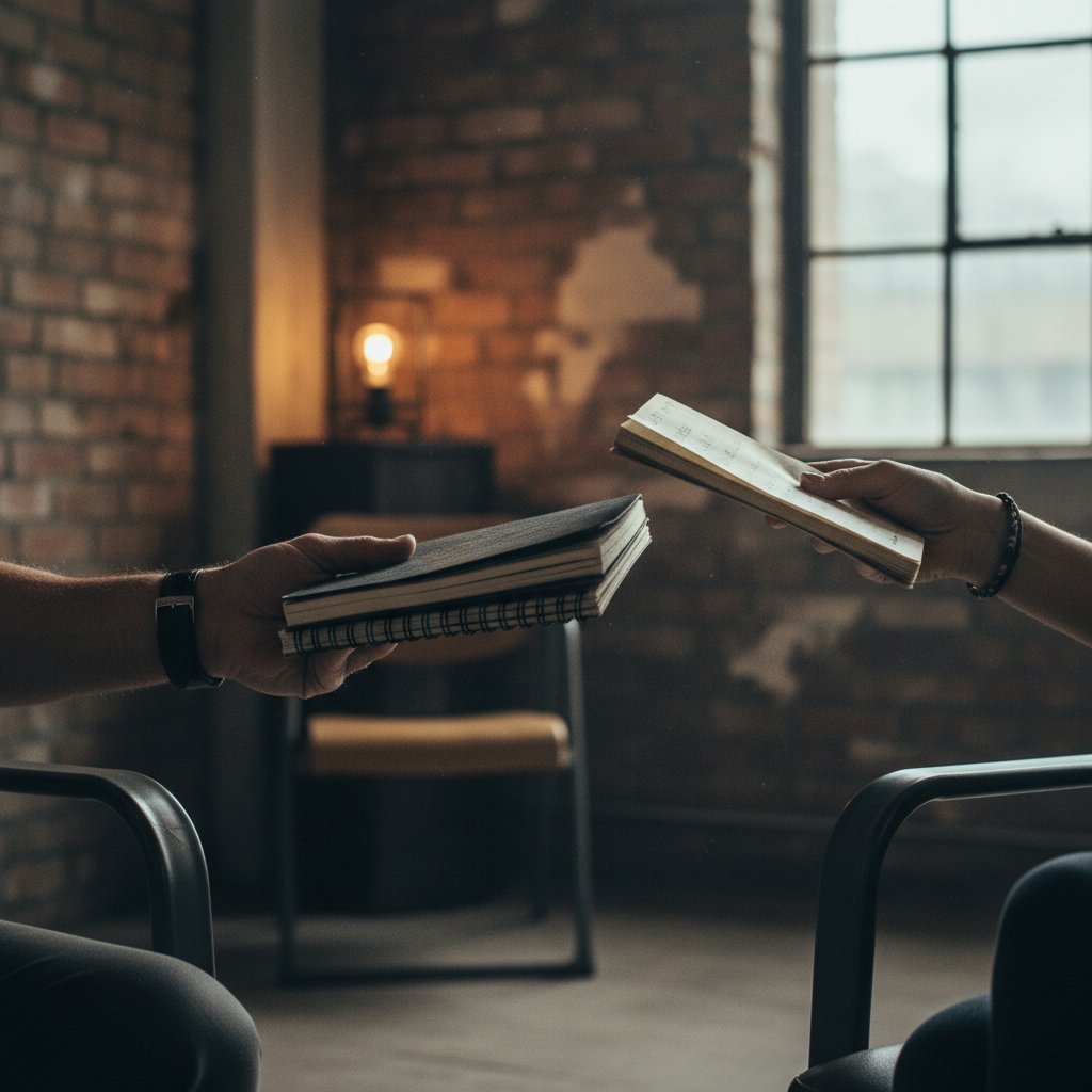 Zbliżenie rąk klienta i terapeuty wymieniających notatniki, psychoterapia integracyjna w praktyce, urbanistyczny klimat