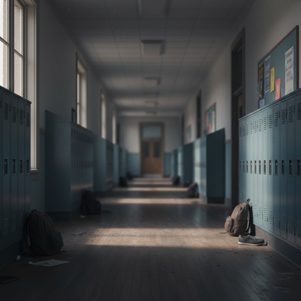 Pusta szkolna korytarz jako symbol wykluczenia społecznego przy mutyzmie akinetycznym