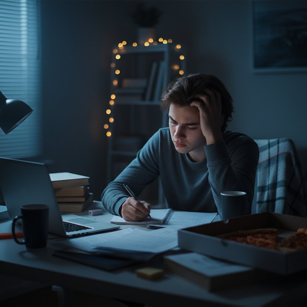 Nastolatek uczący się samotnie przy komputerze w nocy, wyraz twarzy skupiony