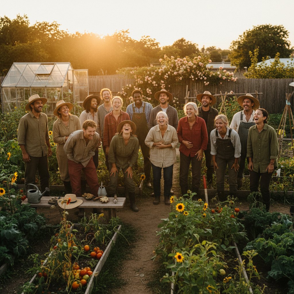 Społeczność ogrodników śmiejąca się w ogrodzie warzywnym